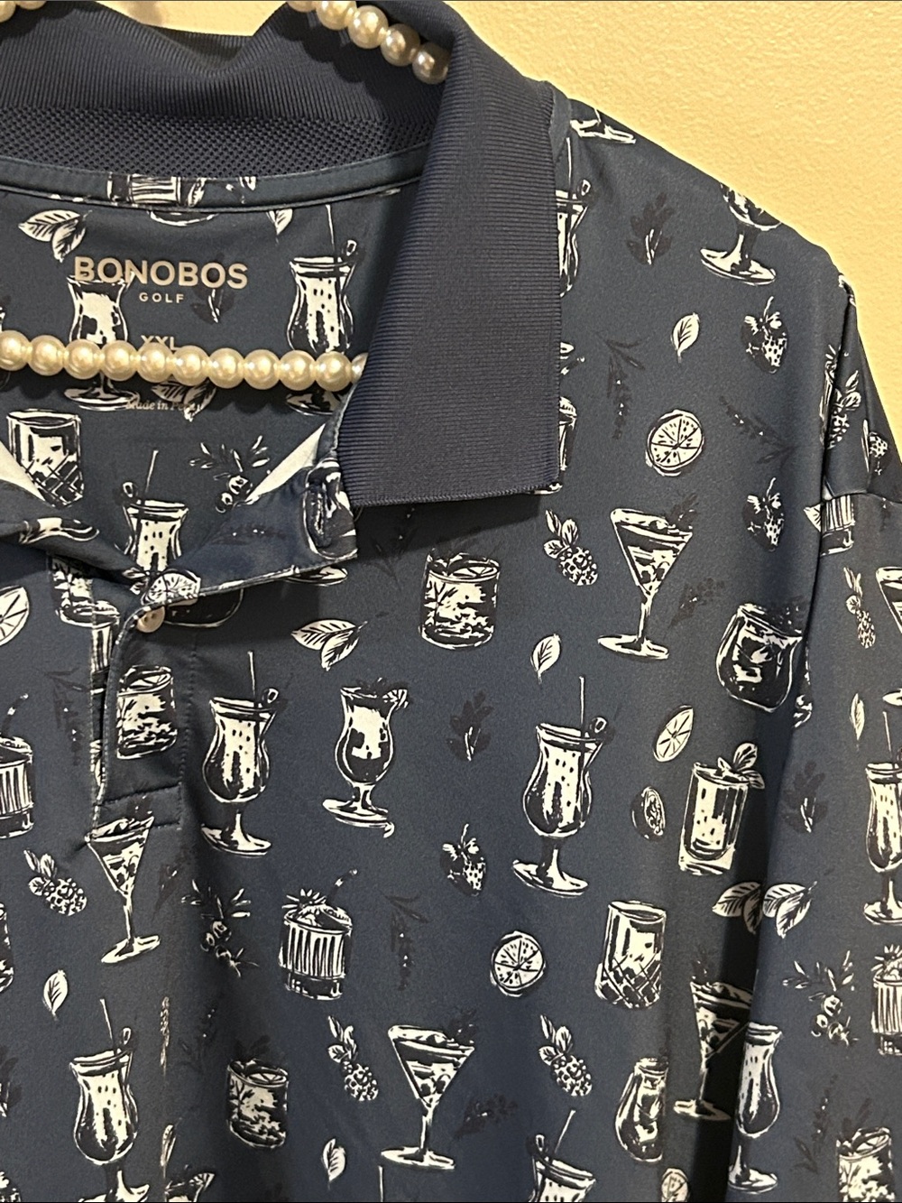 Bonobos Golf Polo Shirt Mens XXL Standard Fit Navy Blue Cocktail Drink Print